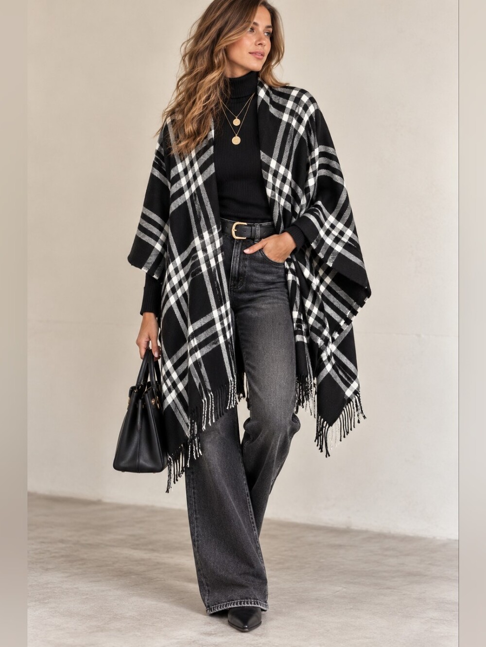 Cape Open Front Black White Plaid Long